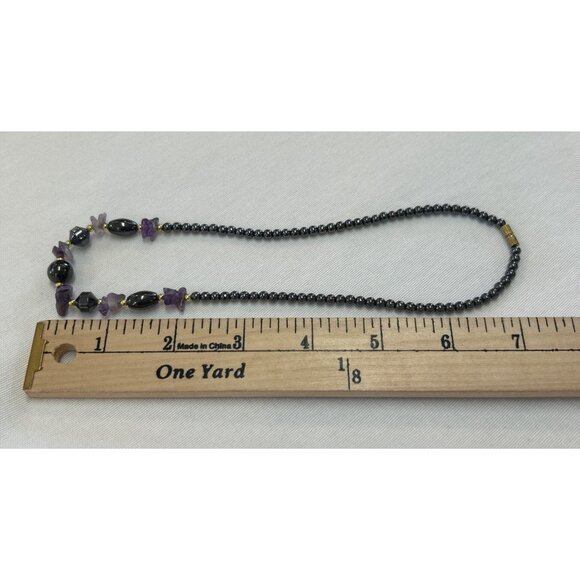 Handmade Hematite Raw Amethyst Beaded Necklace Gold Accents - Picture 8 of 8